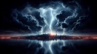 Heavy storm clouds over the city with lightning strikes. wallpaper