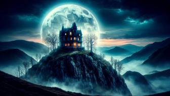 Haunted mansion on a mountaintop moon rising. wallpaper