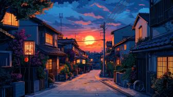 Anime 8-Bit Town at Sunset in AI Art Style wallpaper