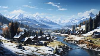 Snowy Fantasy Village Panorama wallpaper