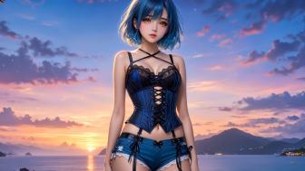 Blue-Haired Beauty in a Dreamy Sunset Scene wallpaper