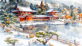 Winter Serenity in Oriental Watercolor Landscape Artwork wallpaper