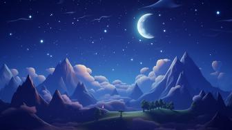 Enchanted Nightscape under Crescent Moon wallpaper