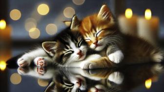 Two cuddled-up kitten sleeping wallpaper