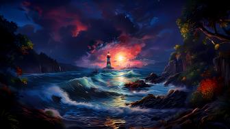 Lighthouse at Dusk in a Mystical Sea wallpaper