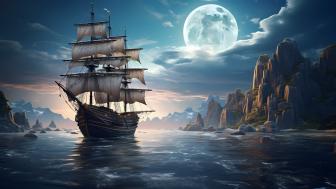 Sailing Through a Moonlit Fantasy Realm wallpaper