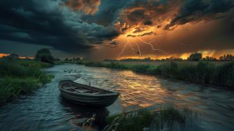 Thunderstorm at Sunset Over a Serene River wallpaper