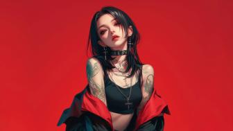 Tattooed Elegance Anime Girl on Red Canvas wallpaper