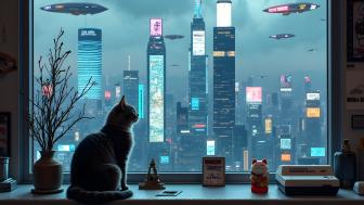 Feline Gaze Over Futuristic Metropolis wallpaper