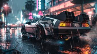 Futuristic DeLorean in Neon Cityscape wallpaper