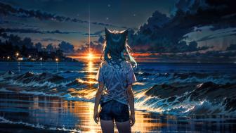 Mystical Dusk by the Sea with Neko Girl wallpaper