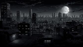 Dark Moonlit Cityscape: Urban Fantasy in Monochrome Art wallpaper