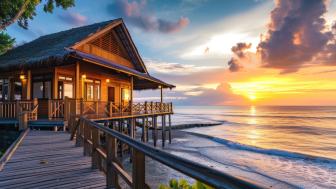 Seaside Log Cabin Retreat at Sunset wallpaper