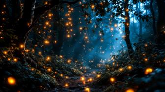 Magical forest illuminated with strange lights. wallpaper