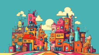 Whimsical Cartoon Town in Vibrant Hues wallpaper