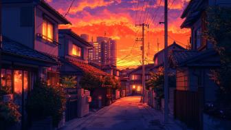 Anime City Afterglow Scene in AI Art wallpaper