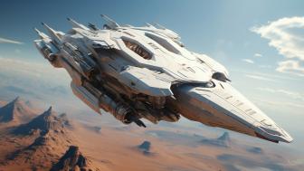 Futuristic Spaceship Gliding Over Alien Landscape wallpaper