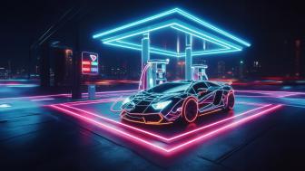 Neon Dreamscape Lamborghini at Futuristic Fuel Station wallpaper