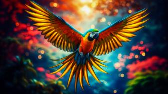 A colorful Macaw on flight wallpaper