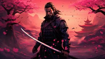 Samurai's Shadow in Cherry Blossom Twilight wallpaper