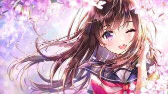 Kawaii Schoolgirl Among Cherry Blossoms wallpaper