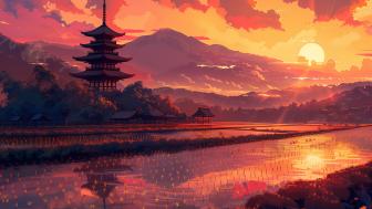 Serene Sunset in Anime Pagoda Landscape wallpaper