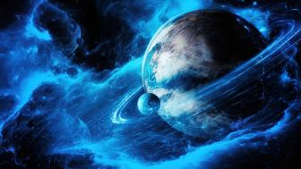 Mystical Blue Cosmos and Ringed Planet Adventure wallpaper