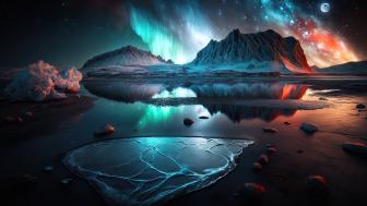 Aurora Over Icy Mountainscape: Celestial Wonders in 4K Night Sky wallpaper