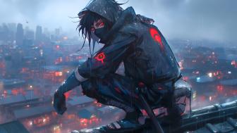 Masked Anime Warrior on Rooftop Vigil wallpaper