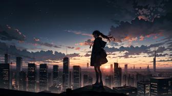 Solitary Reflection in the Anime Cityscape at Sunset wallpaper