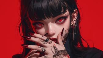 Tattooed Anime Girl With Intense Red Eyes wallpaper