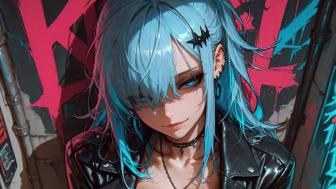 Blue-Haired Anime Girl in Urban Art Scene wallpaper