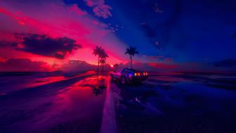 Retro Synthwave Dreamscape with DeLorean at Dusk wallpaper