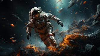 Astronaut Journey Through Fiery Cosmos wallpaper
