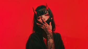 Tattooed Demoness in Vivid Red Fantasy wallpaper