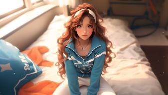 Curly-Haired Anime Girl in Serene Room Setting wallpaper