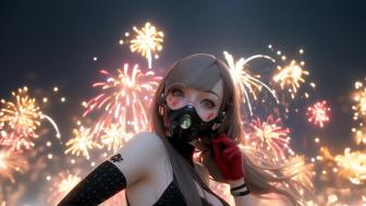 Fireworks and Mystery Masked Anime Girl in 4K Art wallpaper