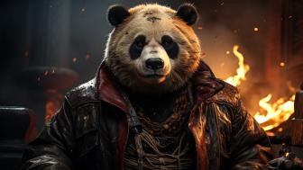 Panda Bandit in Fiery Jacket Adventure wallpaper