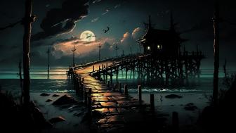 Weird haunted pier at moonlit midnight wallpaper
