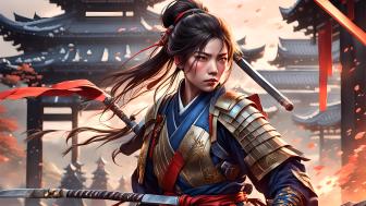Samurai Heroine in Ornate Armour Amidst Japanese Temple Scenery wallpaper