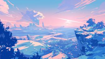 Pink Sunset Over Anime Mountains Landscape wallpaper