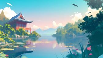 Lakeside Serenity in Anime Style wallpaper