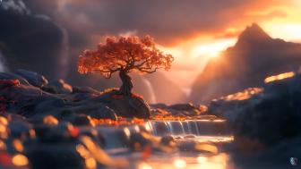 Serene Sunset in a Fantasy Zen Garden wallpaper