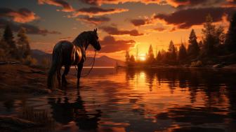 Horse at Sunset by the River wallpaper