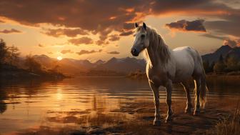 Majestic Mustang at Sunset by Riverbank wallpaper