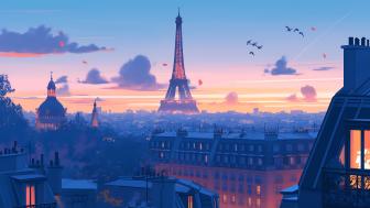 Ethereal Parisian Sunset in Anime Style wallpaper