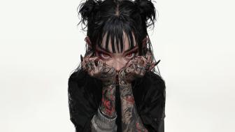 Tattooed Anime Girl with Black Hair and Bangs wallpaper