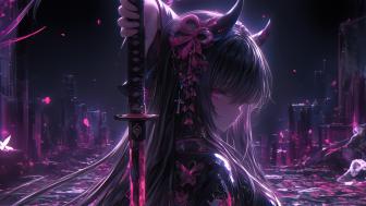 Mystical Samurai Anime Girl in a Futuristic Realm wallpaper