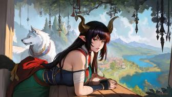 Mystical Horned Guardian with Loyal Wolf Companion wallpaper