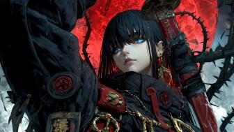 Warrior's Gaze Under Crimson Moon wallpaper